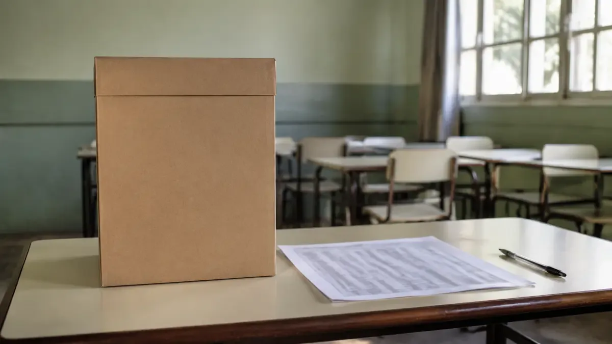Urna de cartón cerrada sobre la mesa de votación de un aula