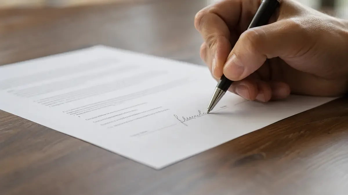 Mano firmando un contrato con una lapicera sobre un escritorio