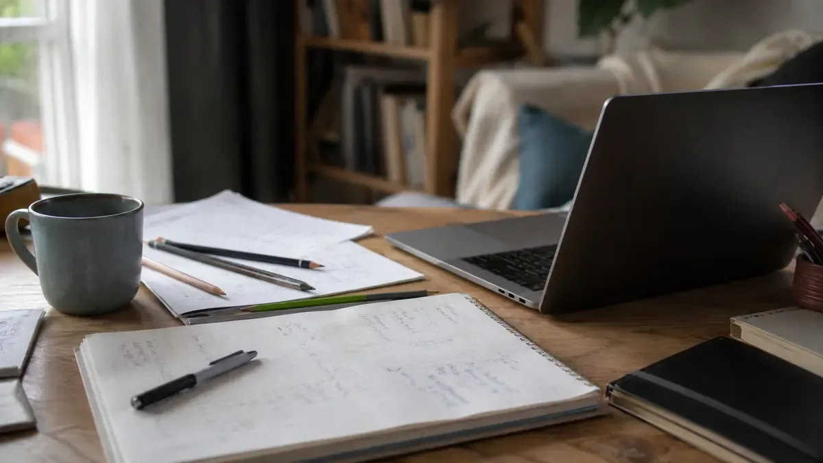Apuntes, lápices y una taza junto a una notebook en un escritorio de estudio en casa, plano medio documental, perspectiva